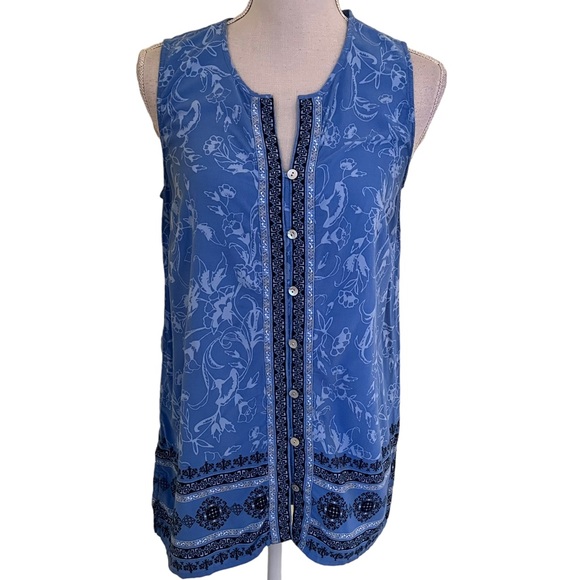 J. Jill Blue Floral Sleeveless Border Print Blouse S - Picture 1 of 10